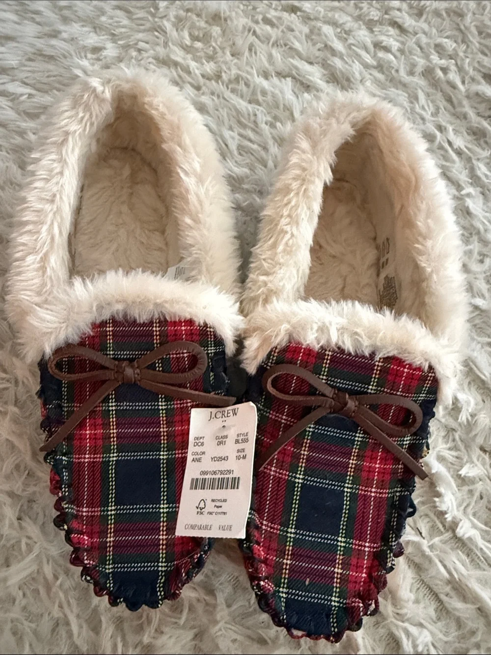 J. Crew Red and Navy Plaid Faux-Fur Lined Moccasins Mens